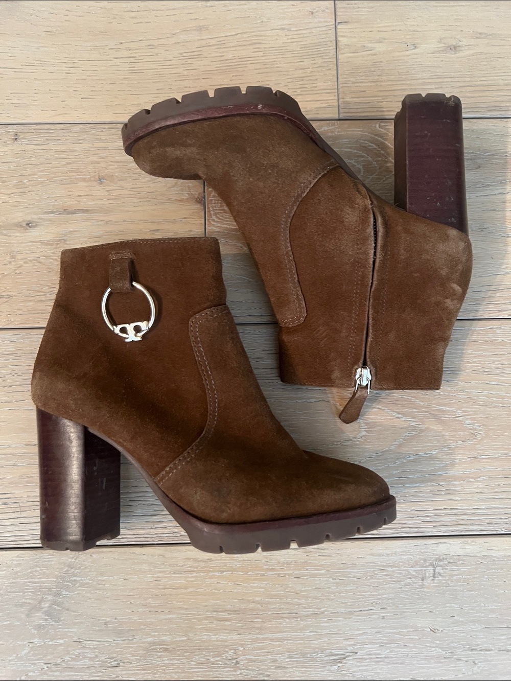 Tory Burch Sofia Lug Sole Brown Suede Ankle Boots